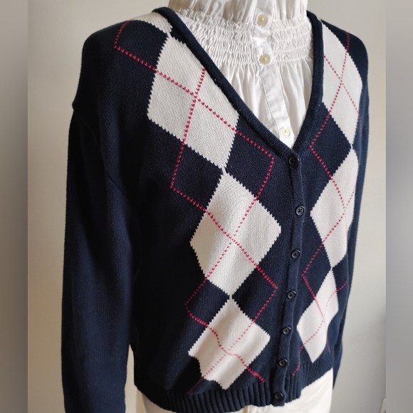 Brandy Melville Sweaters - John Galt Cotton V-Neck Cardigan Sweater Navy Blue Red White Tennis Prep Sz Med